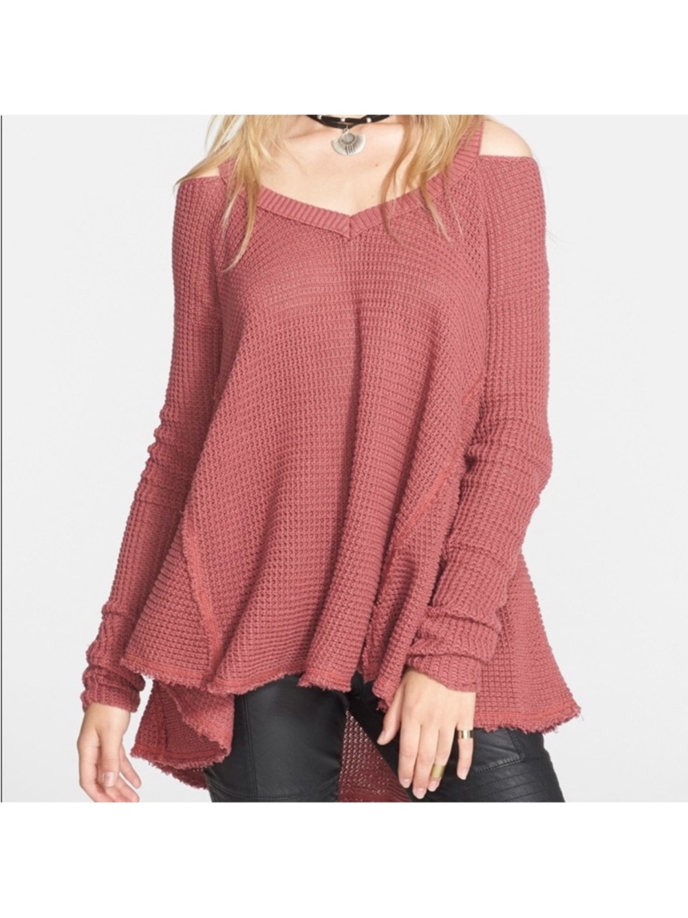 Free People moonshine dusty rose oversized knit off the shoulder raw hem Sweater